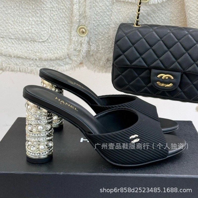 Chanel Mule Sandals with Crystal-Embellished Block Heel Black Shoes