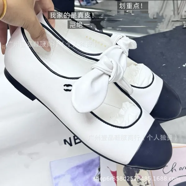 Chanel-Inspired Two-Tone Mary Jane Flats with Logo Ribbon White Black Shoes - 5