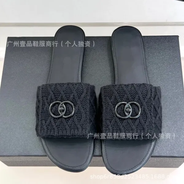Chanel Knit CC Logo Slide Sandals Beige Slippers - 12
