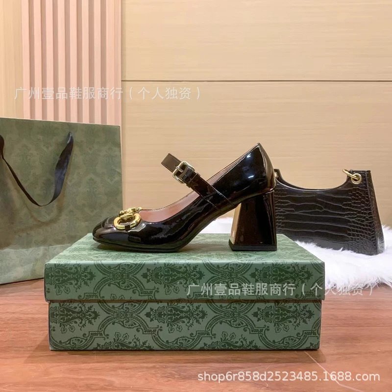 Gucci Horsebit Mary Jane Block Heel Black Patent Leather Shoes