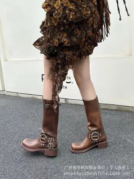 Brown Motorcycle-Style Buckle Boot - 6