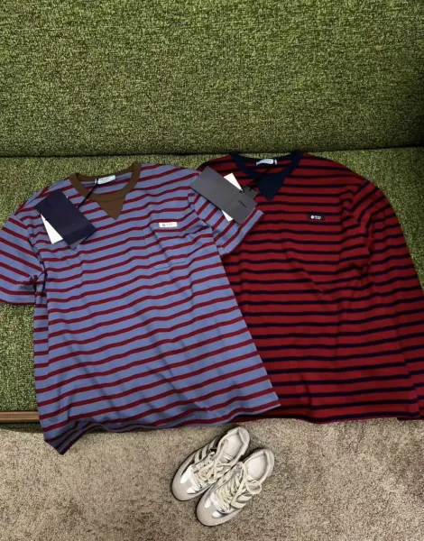Prada Striped Crewneck T-Shirt with Contrast Collar and Chest Pocket - 4