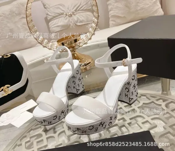 Chanel Logo-Embellished Black Crystal Block Heel Sandals - 5