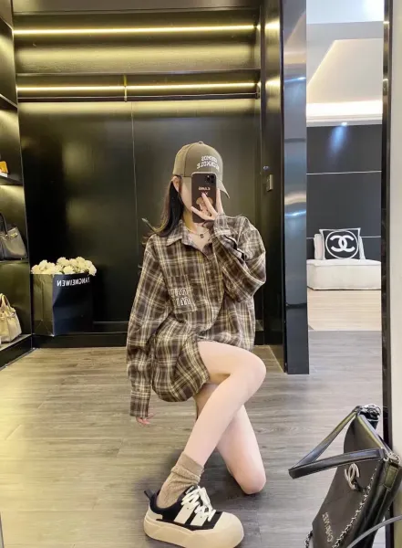 MMY Plaid Shirt Navy Beige Check Shirt - 9
