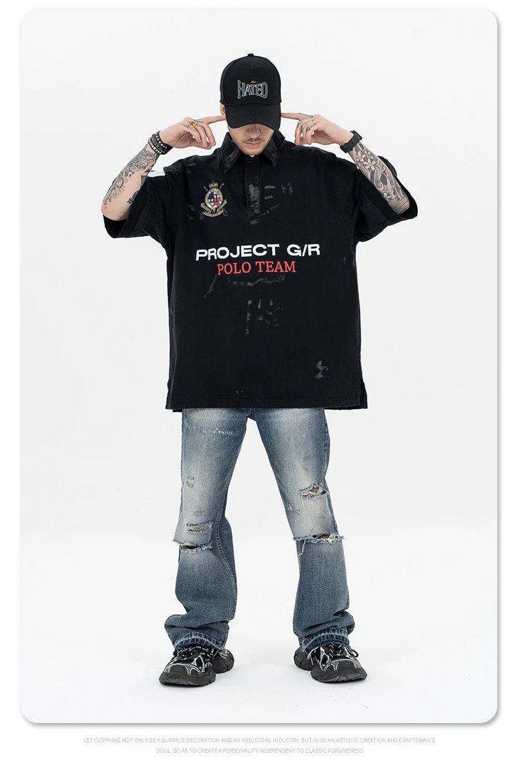 Project G/R x Ralph Lauren Polo Team Distressed Black Polo - 11