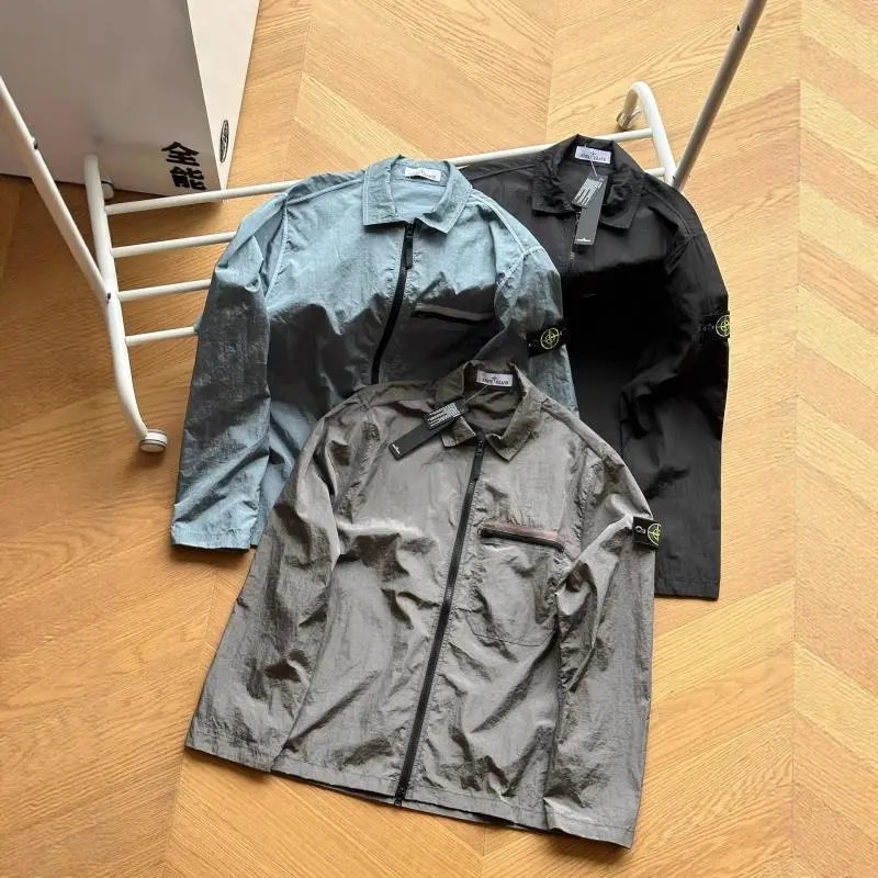 Metal Nylon Solid Color Drawstring Flap Pocket Long Sleeve Jacket Coat Men