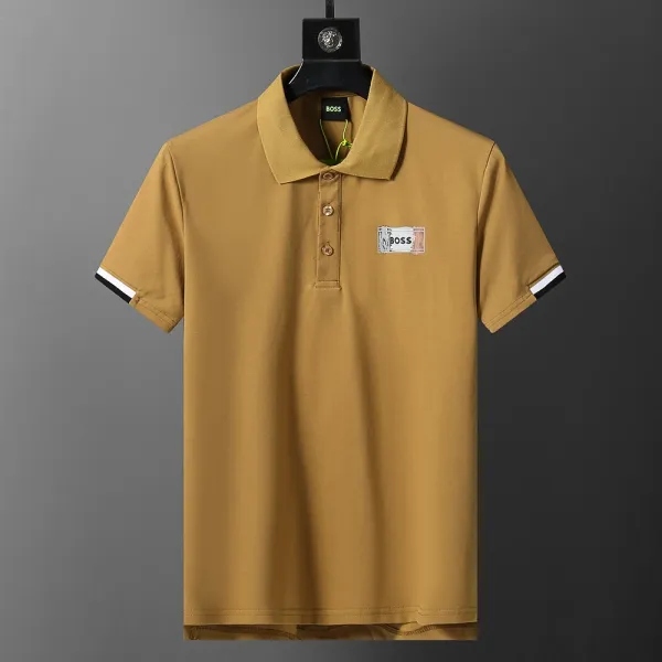 Hugo Boss Polo Shirt Mustard Yellow with Contrast Cuffs and Logo Patch - 1
