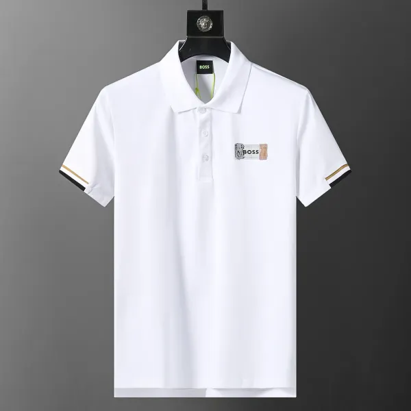 Hugo Boss Polo White with Gold Trim and Logo Patch - 1