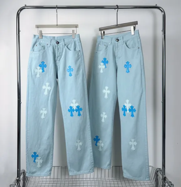 Chrome Hearts Cross-Embroidered Light Blue Jeans - 1