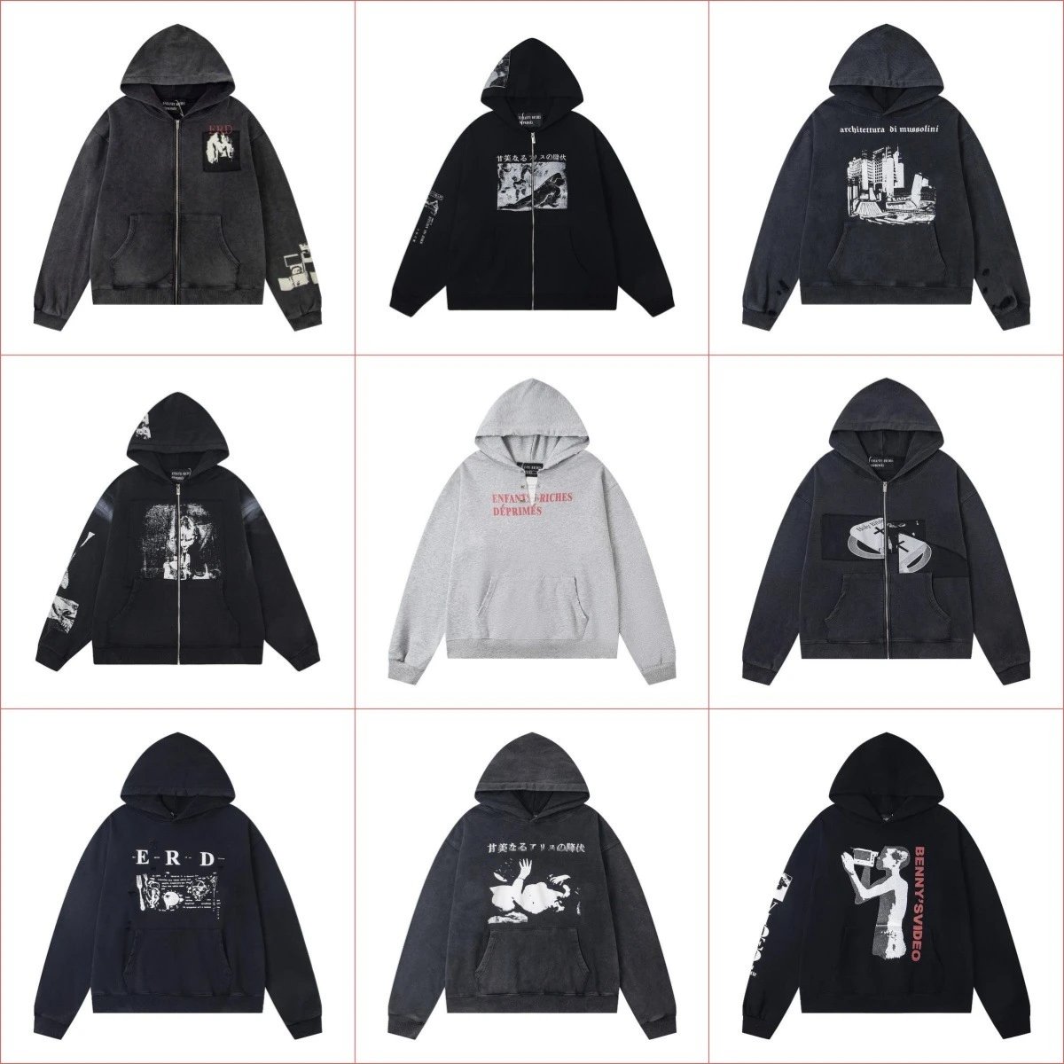 Broken zipper, open collar, pin, letter print, men's and women's hooded sweatshirt jacket, loose fit