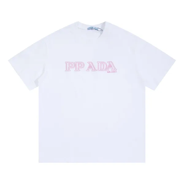 Prada Logo Embroidered Pink Outline White T-Shirt - 1