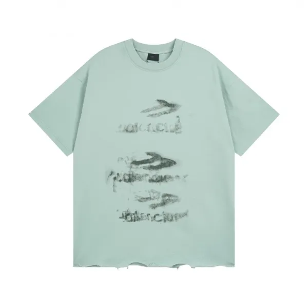 Balenciaga Distressed Graphic Print Mint Green T-Shirt - 1