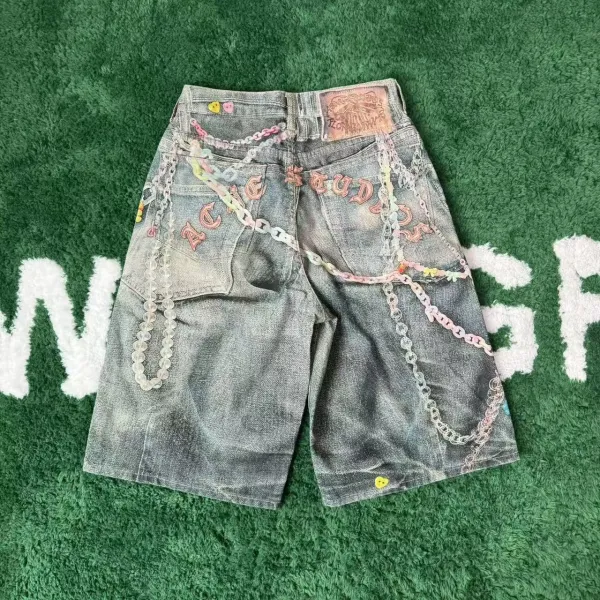 Design Custom Embellished Denim Shorts with Chain and Floral Appliqués - 6