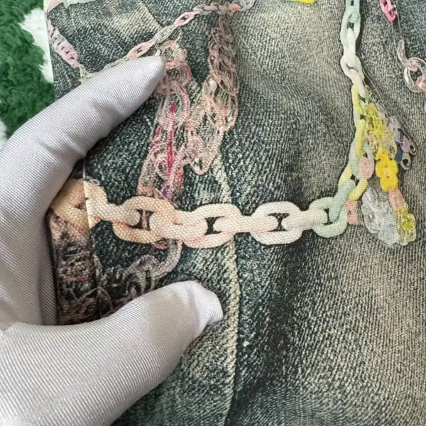 Design Custom Embellished Denim Shorts with Chain and Floral Appliqués - 9
