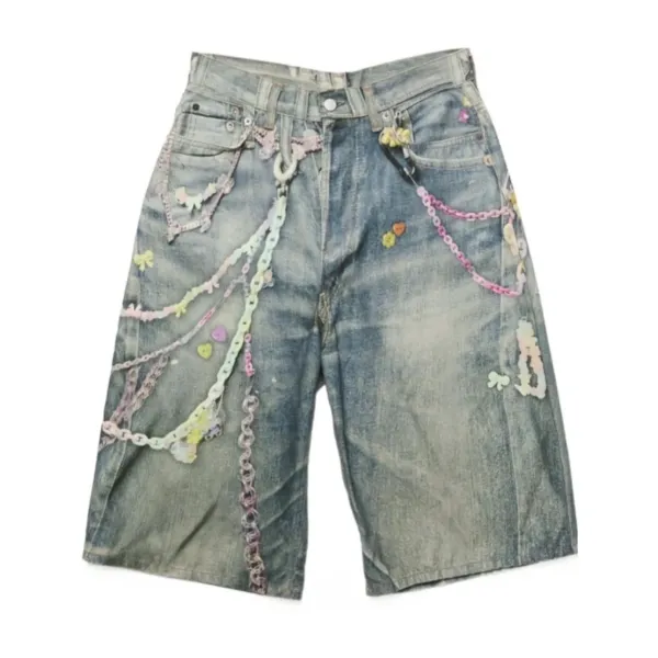 Design Custom Embellished Denim Shorts with Chain and Floral Appliqués - 4