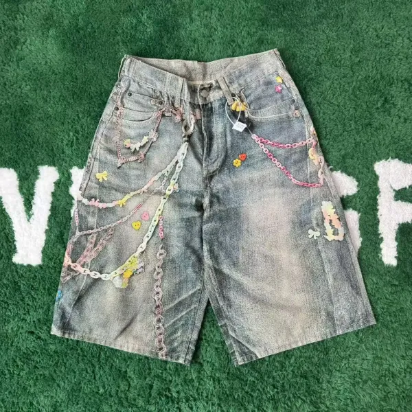 Design Custom Embellished Denim Shorts with Chain and Floral Appliqués - 5