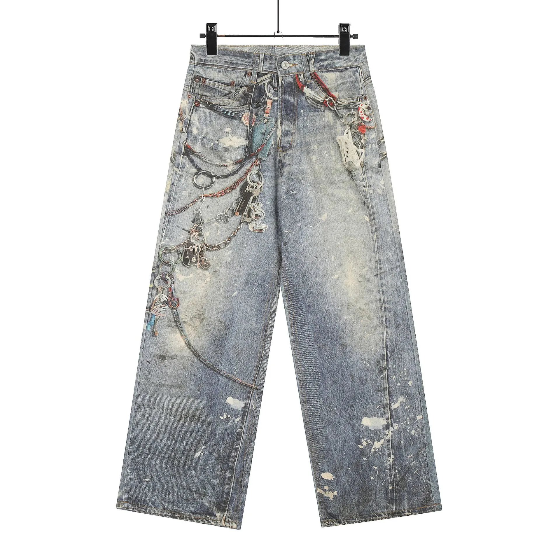 Rainbow coating, wrong view painting, oil painting, vintage straight leg jeans