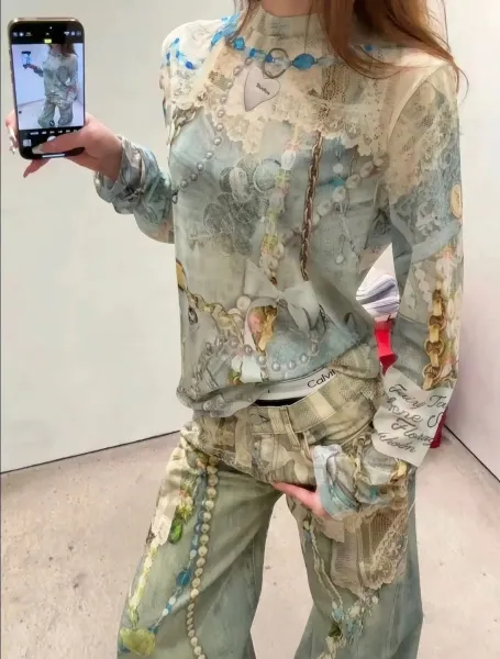 Design Long Sleeve Graphic Print Top in Pastel Multicolor - 13