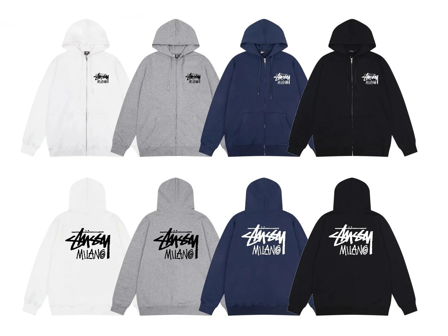 Stussy Zip-Up Hoodie in White, Grey, Blue, and Black