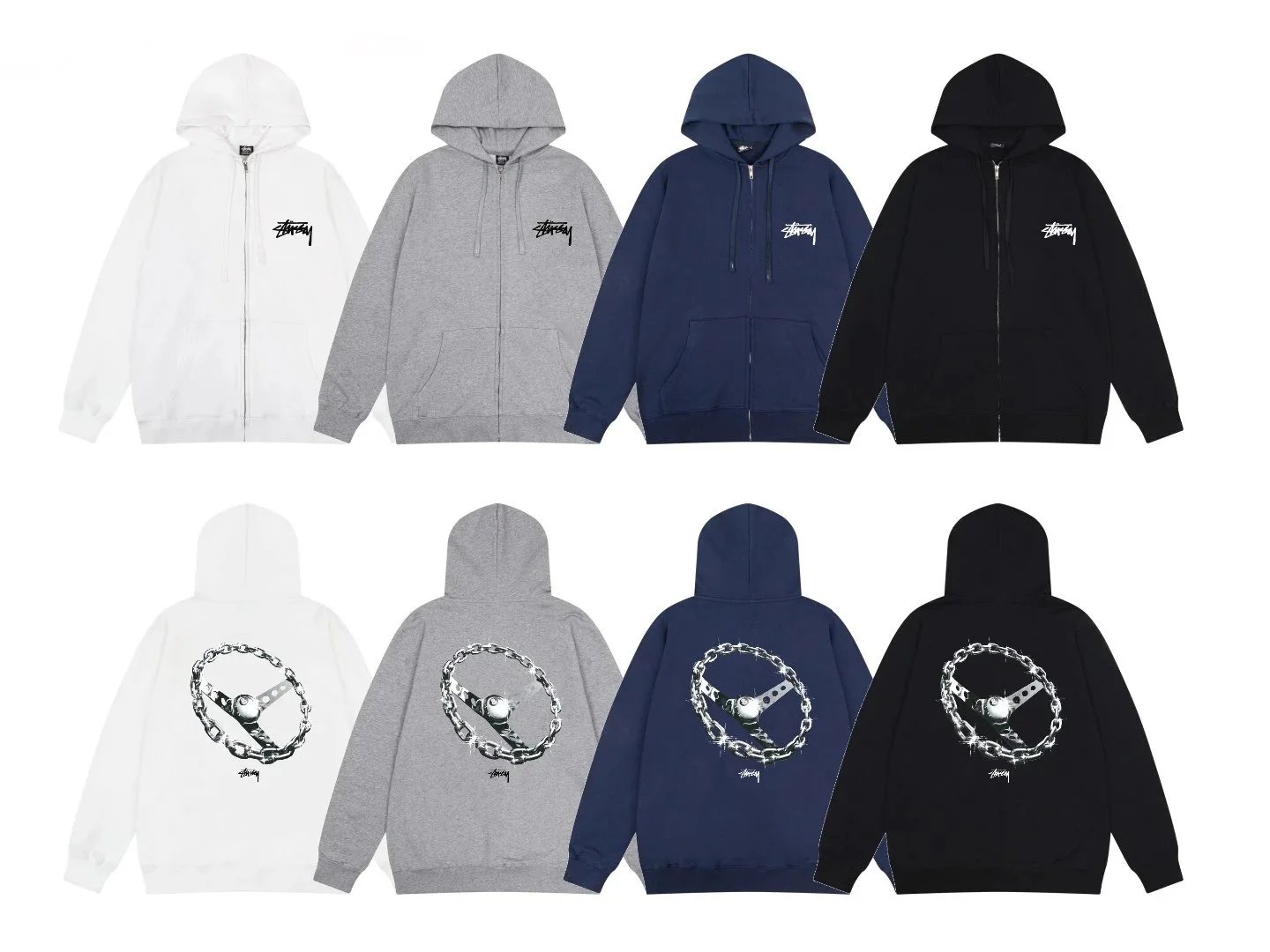 Stussy Zip-Up Hoodie in White, Grey, Blue, and Black
