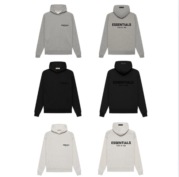 Fear of God Essentials Hoodie in Grey, Black, and White