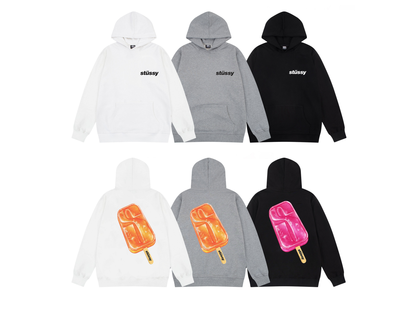 Stüssy Hooded Sweatshirt in White, Grey, and Black