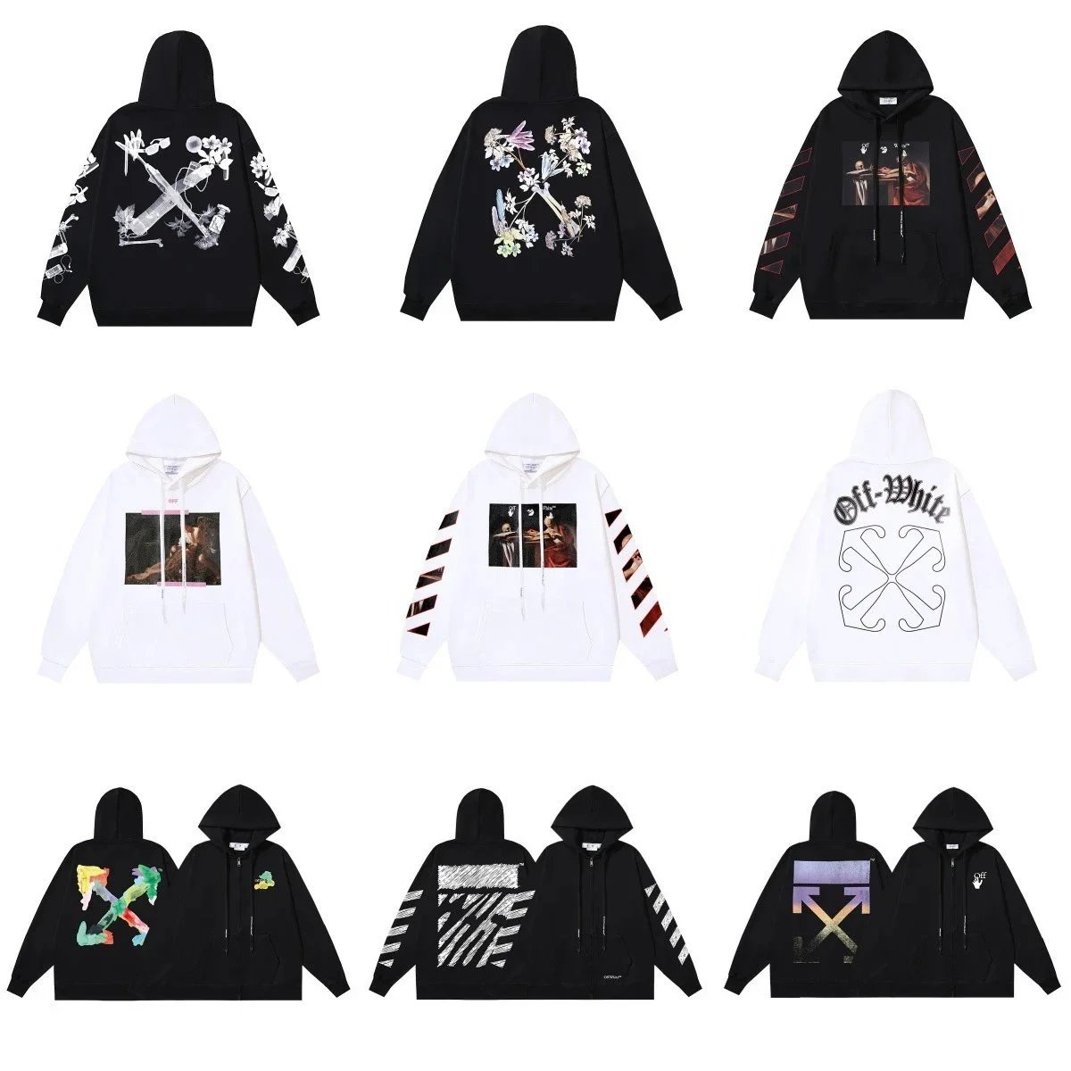 Off-White Black and White Hoodies with Artistic Prints