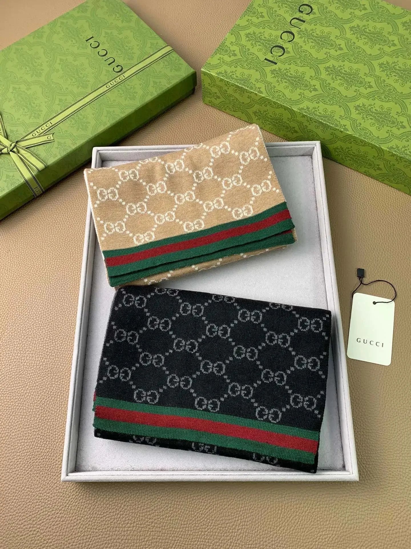 Gucci Beige and Black Scarves with Red and Green Stripes