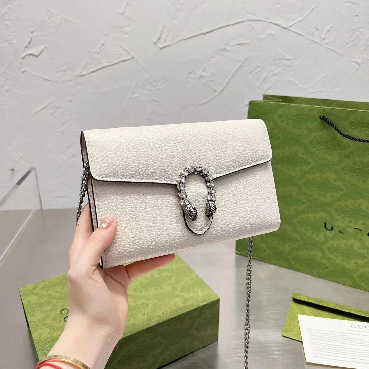 Gucci White Leather Chain Clutch Bag