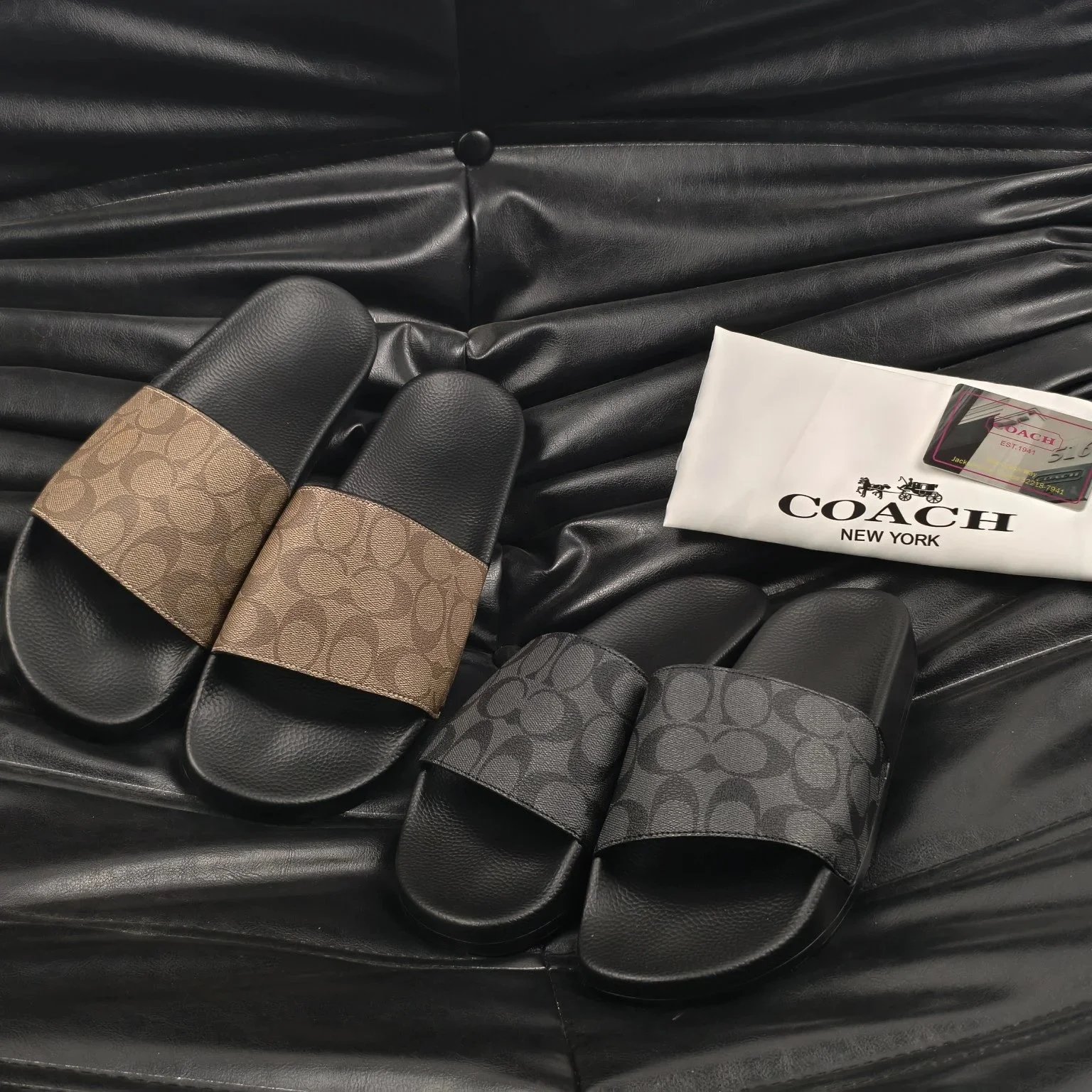 Coach Black and Beige Slide Sandals