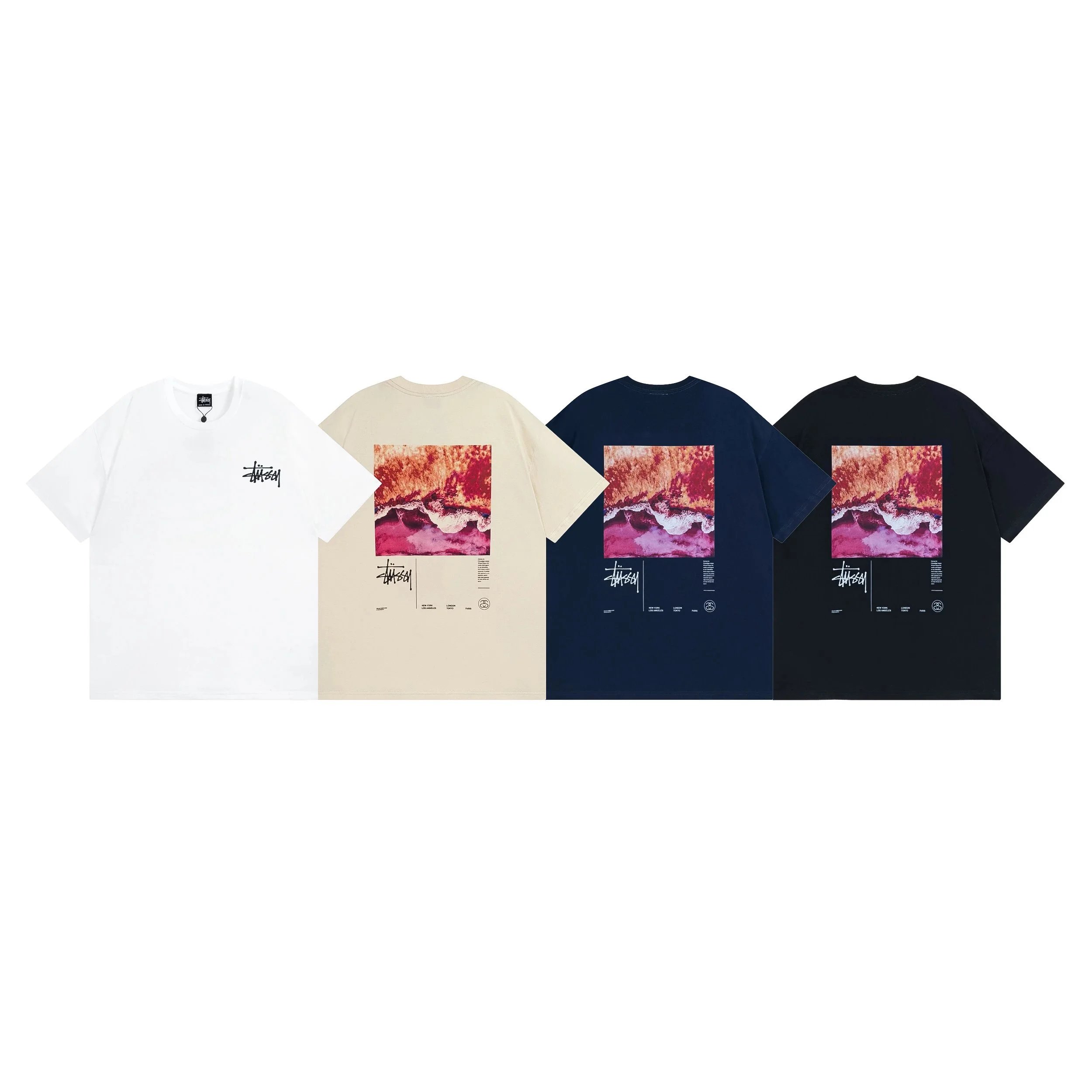 Stussy Graphic Print T-Shirt in White, Beige, Navy, and Black