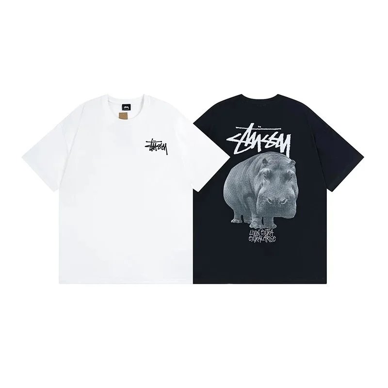 Stussy White and Black Hippo Graphic T-Shirt