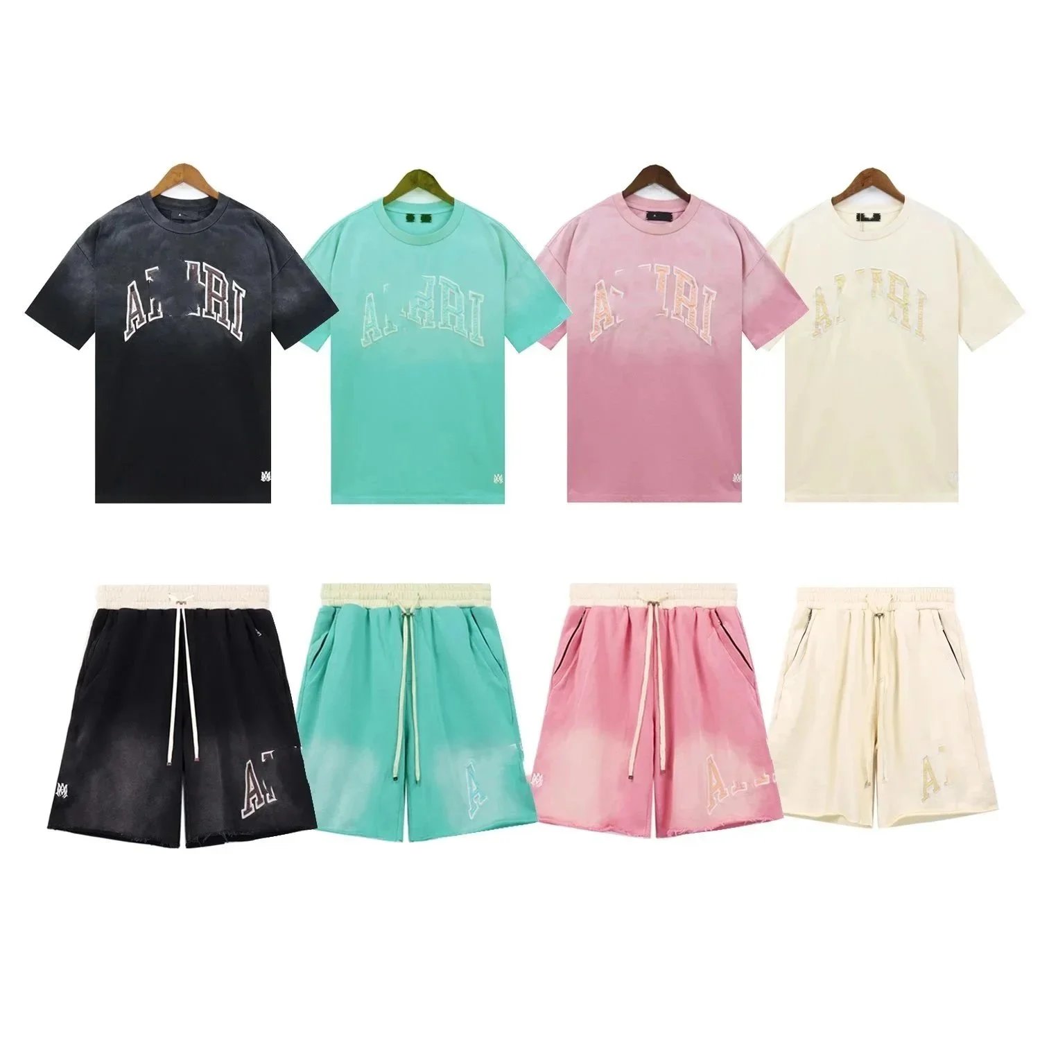 Amiri Tie-Dye T-Shirt and Shorts Set in Black, Mint, Pink, and Beige