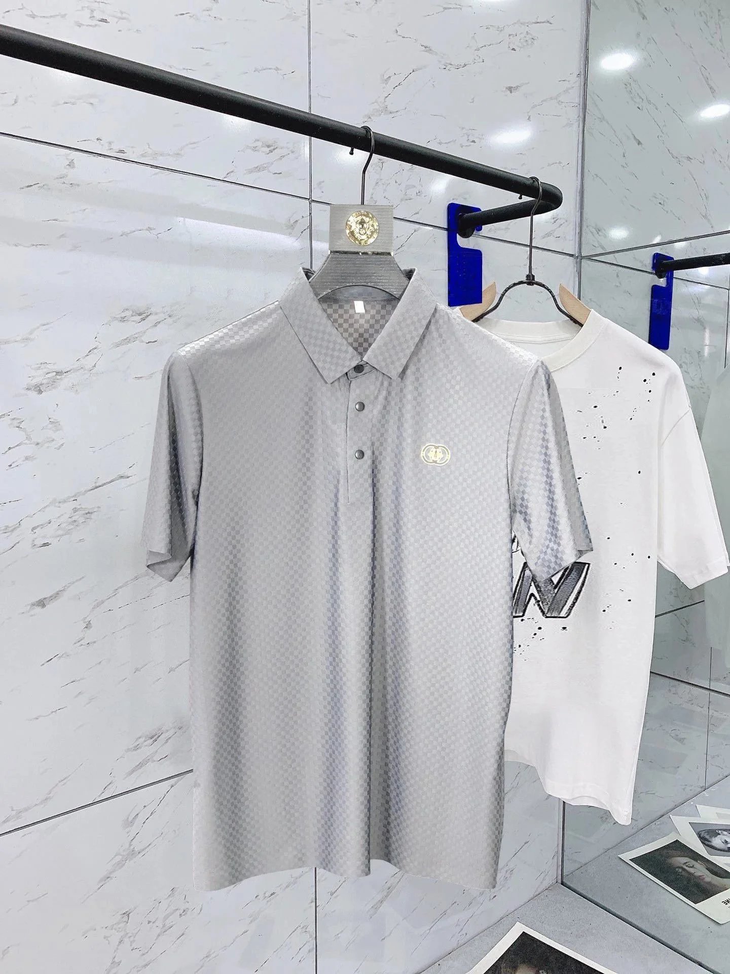 Gray Patterned Polo Shirt with Gold Logo
