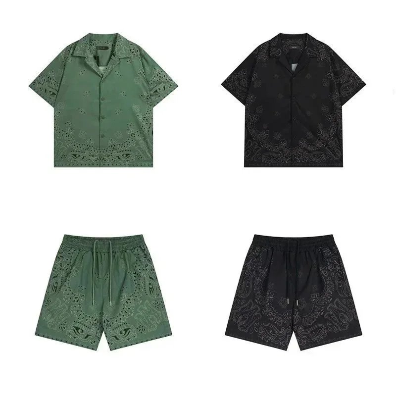 Green and Black Paisley Short Sleeve Shirts and Shorts Set
