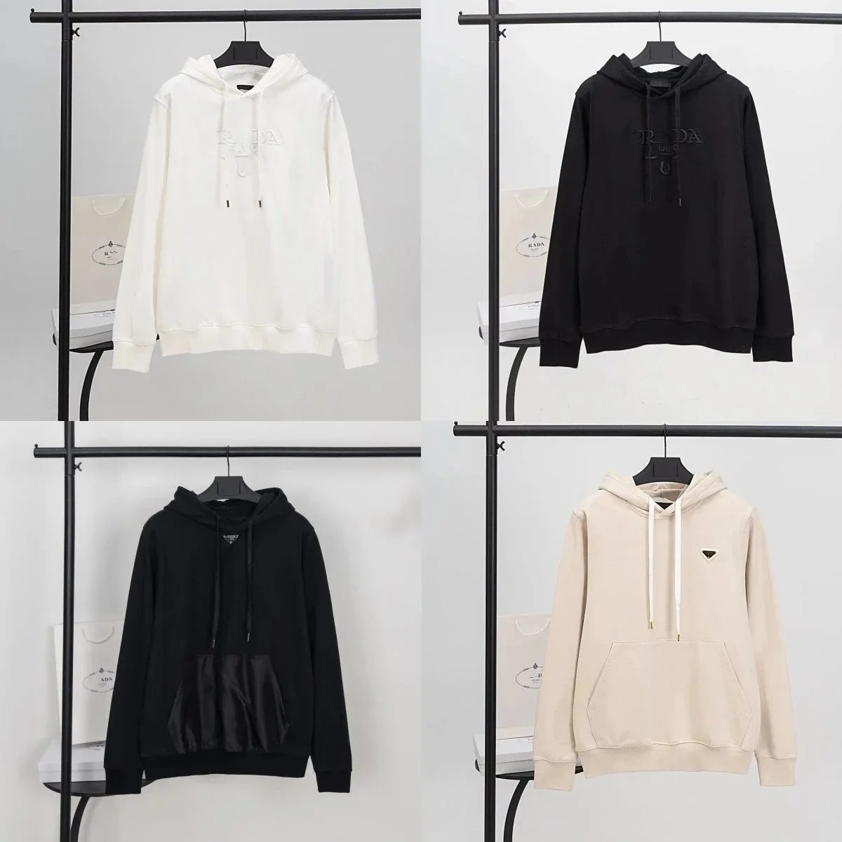 Prada Black Hoodie, Prada White Hoodie, Prada Beige Hoodie, Prada Black Hoodie with Contrast Pocket