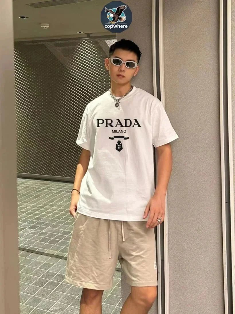 Prada White Logo T-Shirt and Beige Shorts Combo