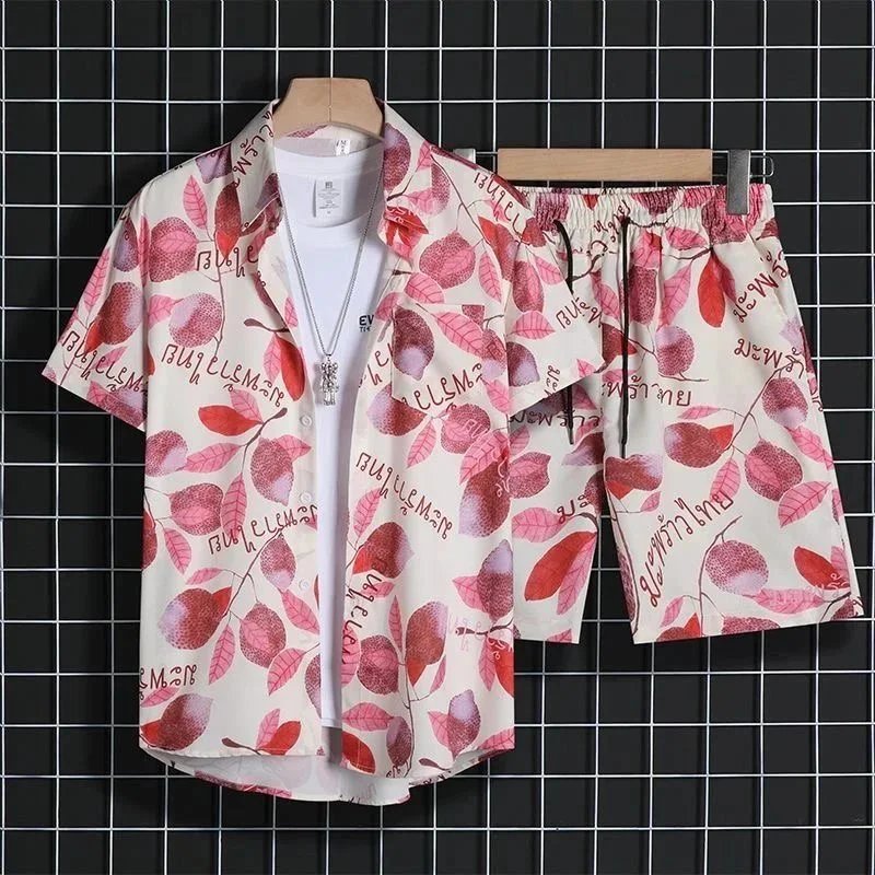 Men's Red Leaf Print Short Sleeve Shirt and Shorts Set