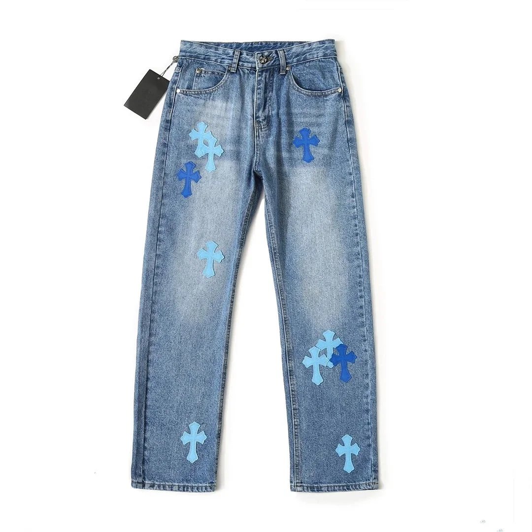 Blue Cross Applique Straight Leg Jeans