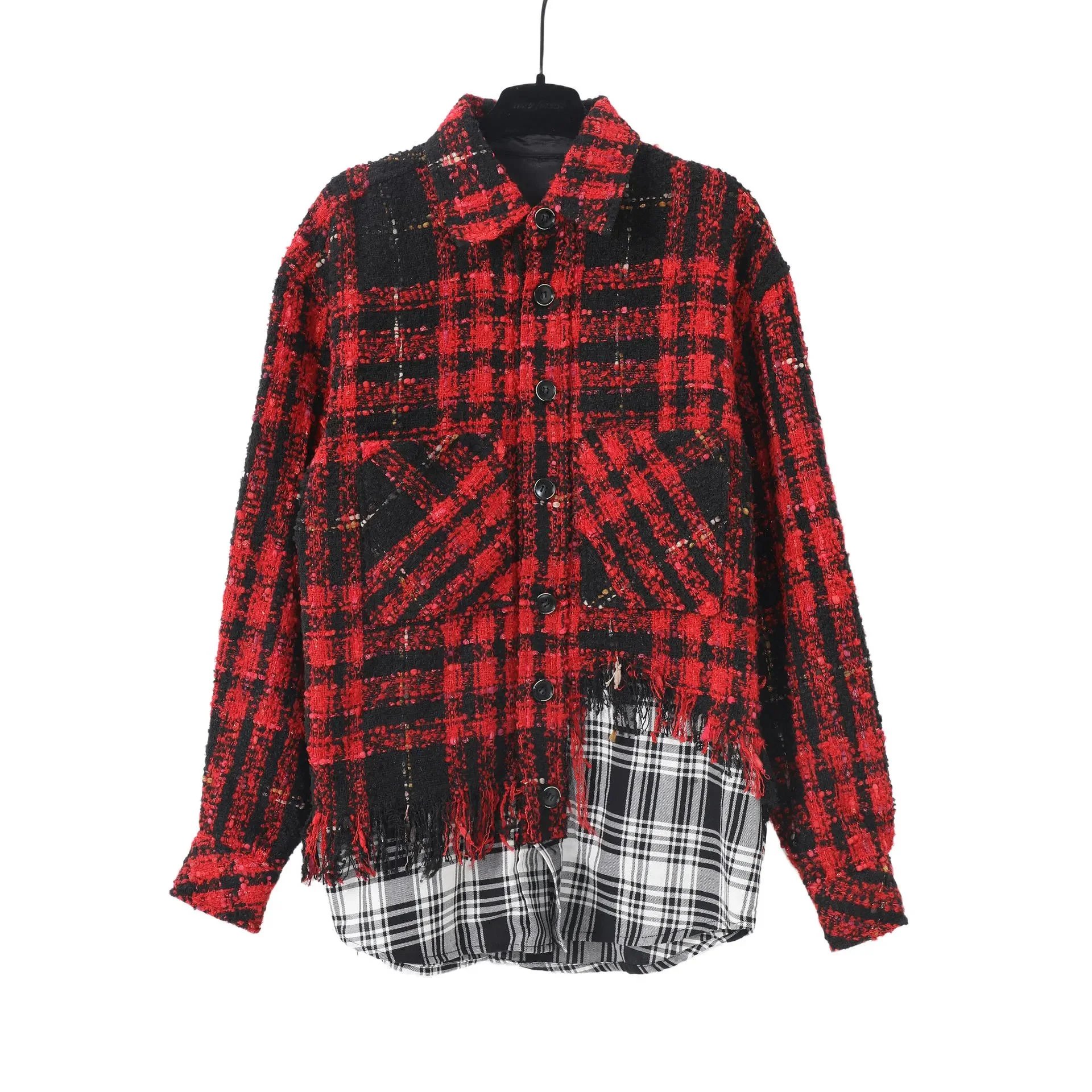 Red and Black Plaid Oversized Jacket with Fringe Detail