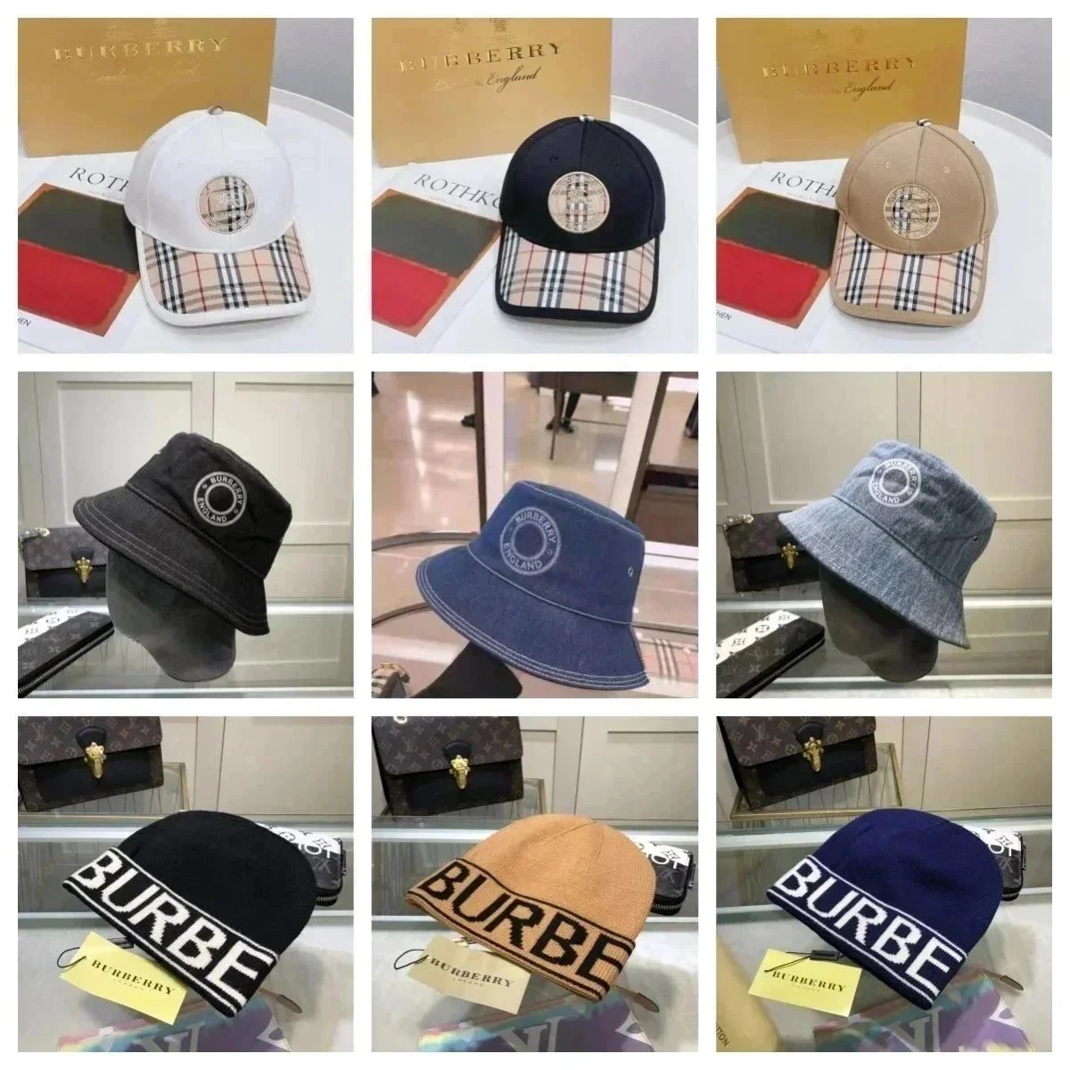 Burberry White Baseball Cap, Black Bucket Hat, Blue Beanie