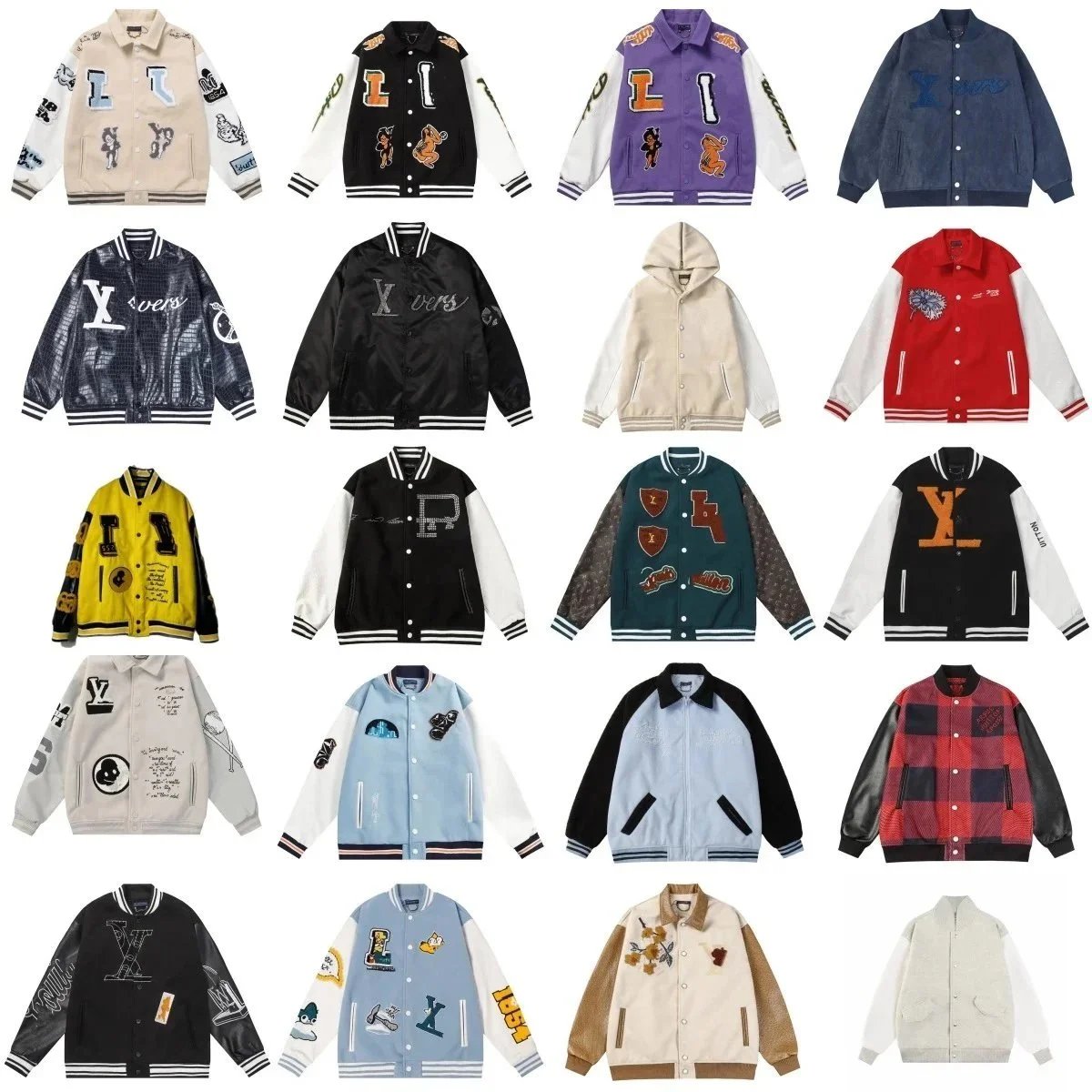 Diverse Collection of Varsity Jackets in Various Colors and Styles