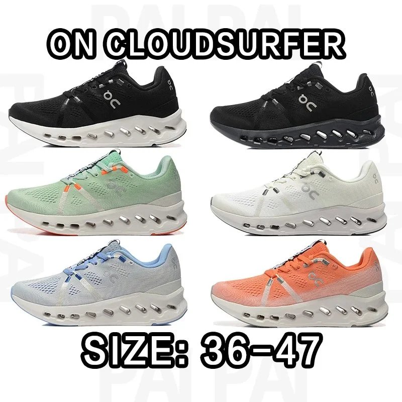 ON Cloudsurfer Running Shoes in Black, White, Green, Blue, and Orange