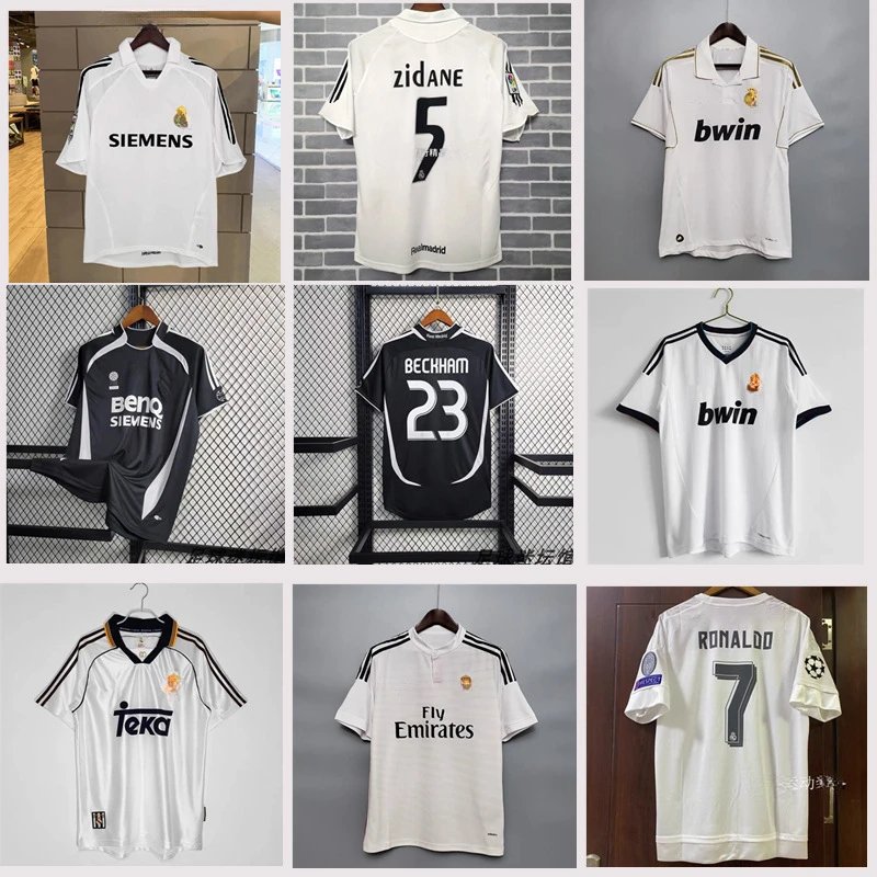 Real Madrid White and Black Soccer Jerseys with Player Names and Numbers
