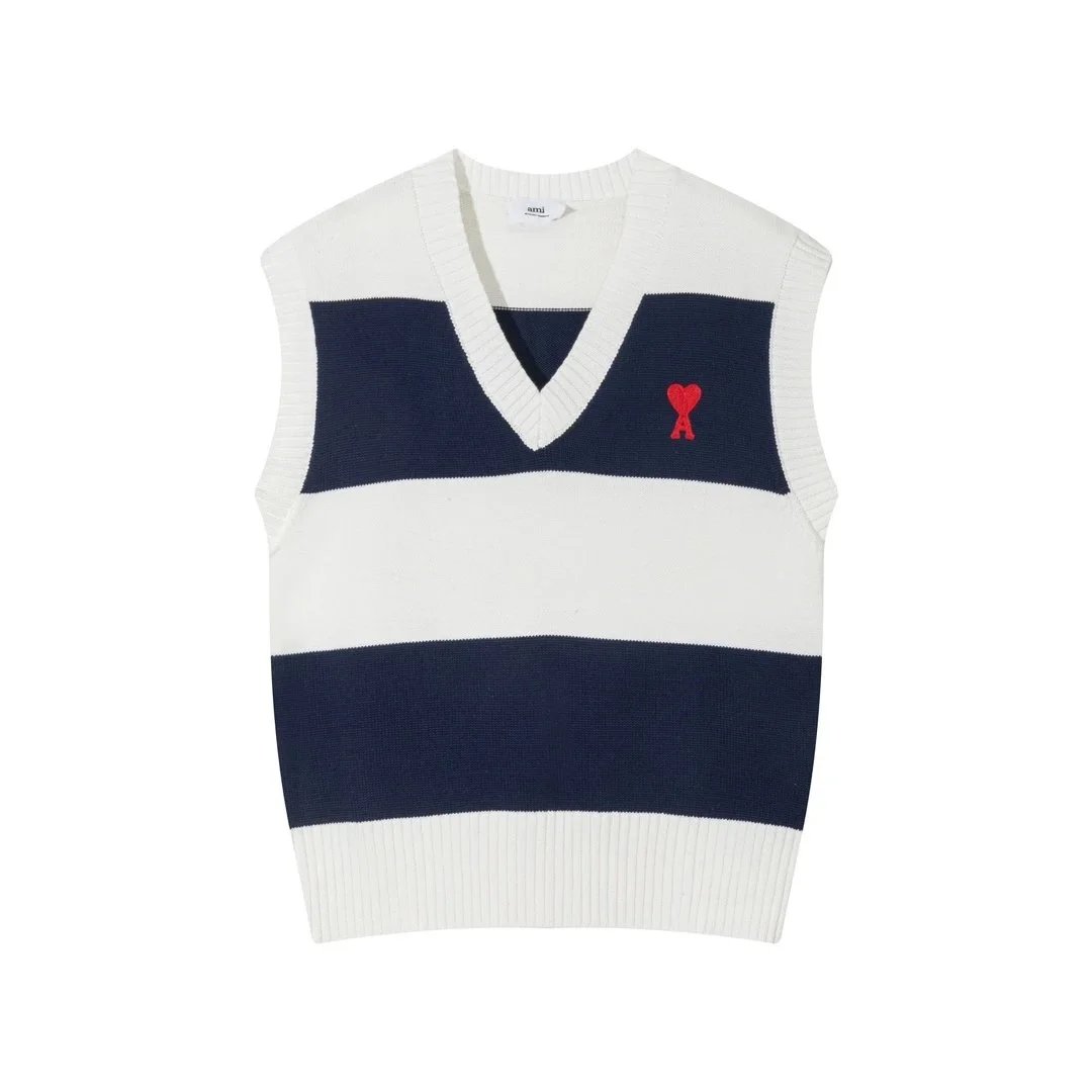 Ami Paris White and Navy Striped Knit Vest