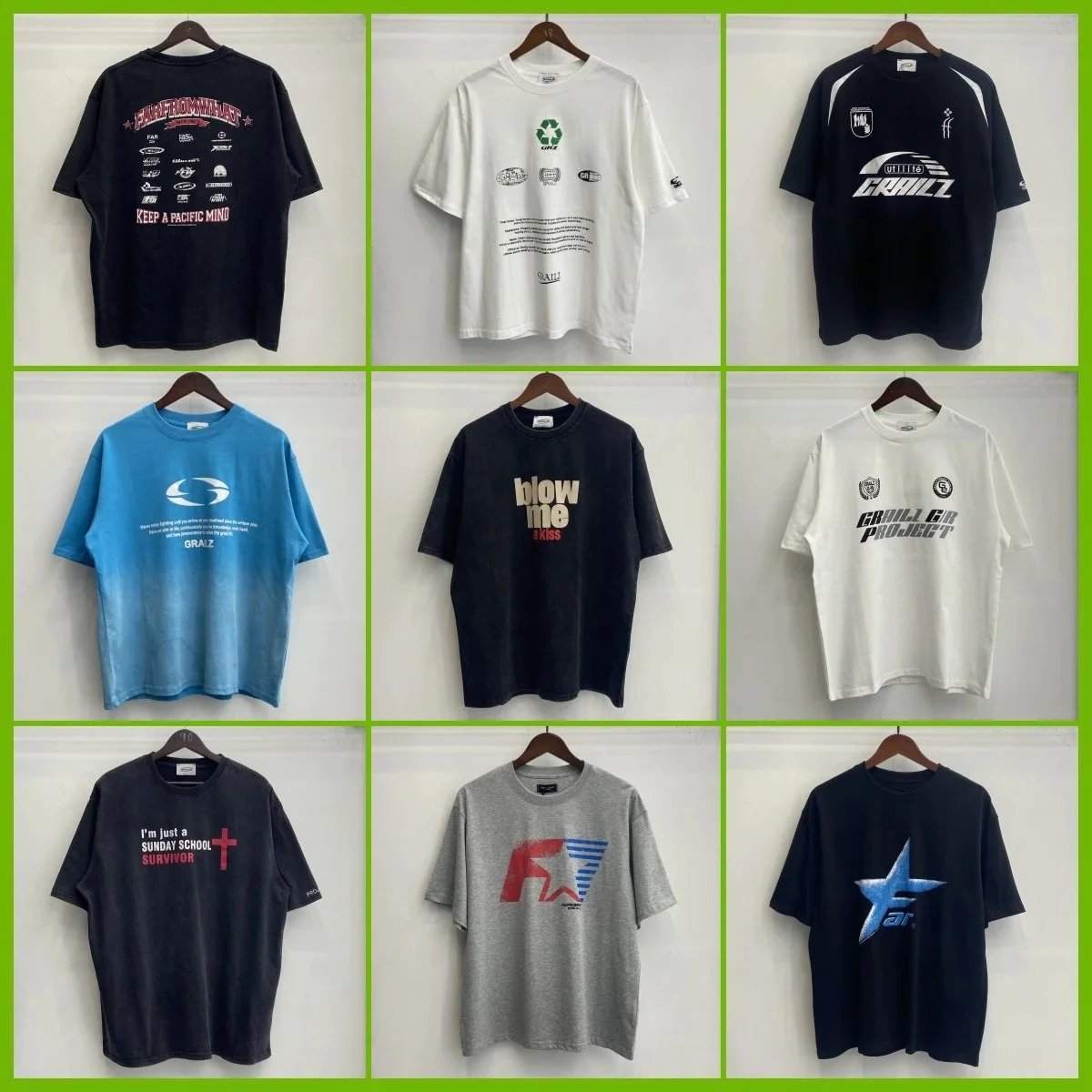 Various T-Shirts in Black, White, Blue, and Grey with Different Graphics