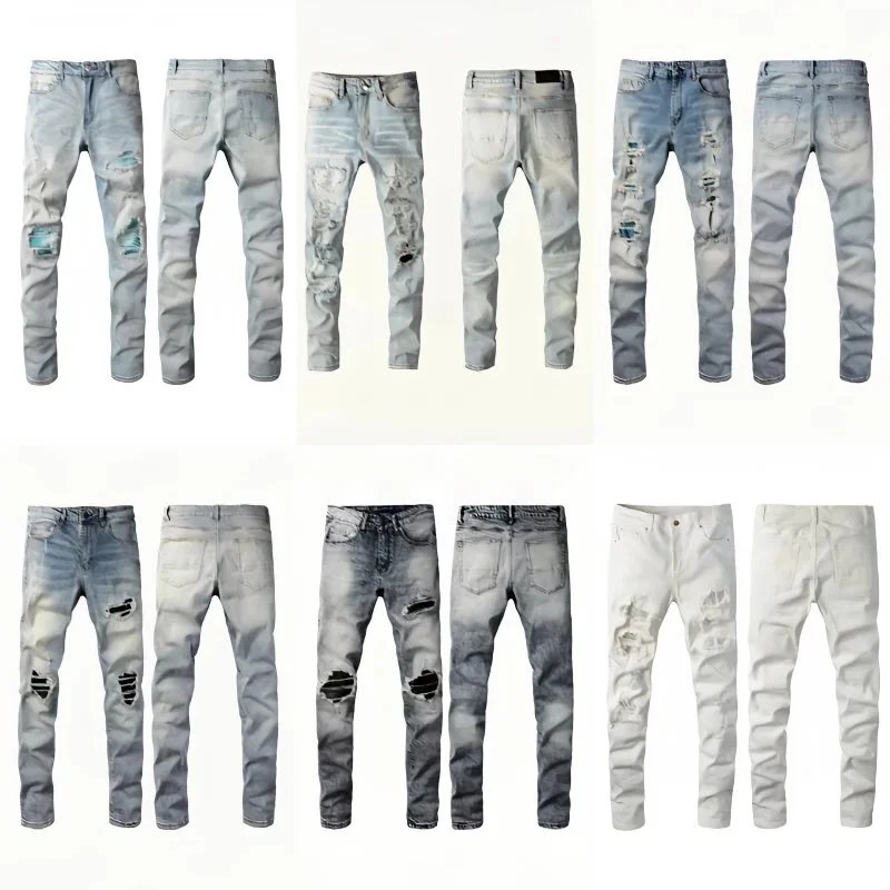 Distressed Light Blue and White Denim Jeans