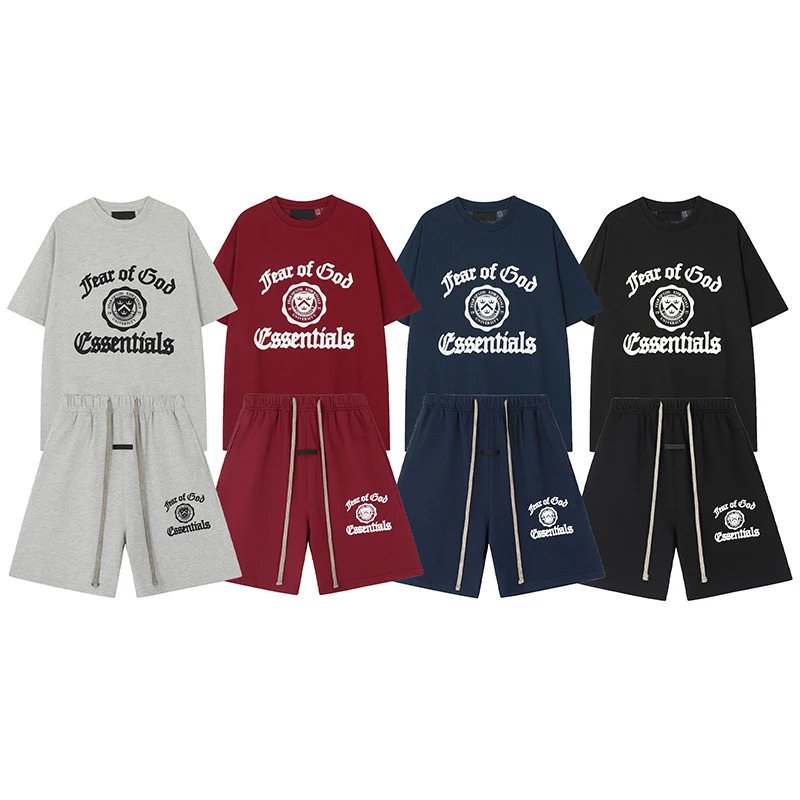 Fear of God Essentials T-Shirt and Shorts Set in Grey, Red, Blue, and Black
