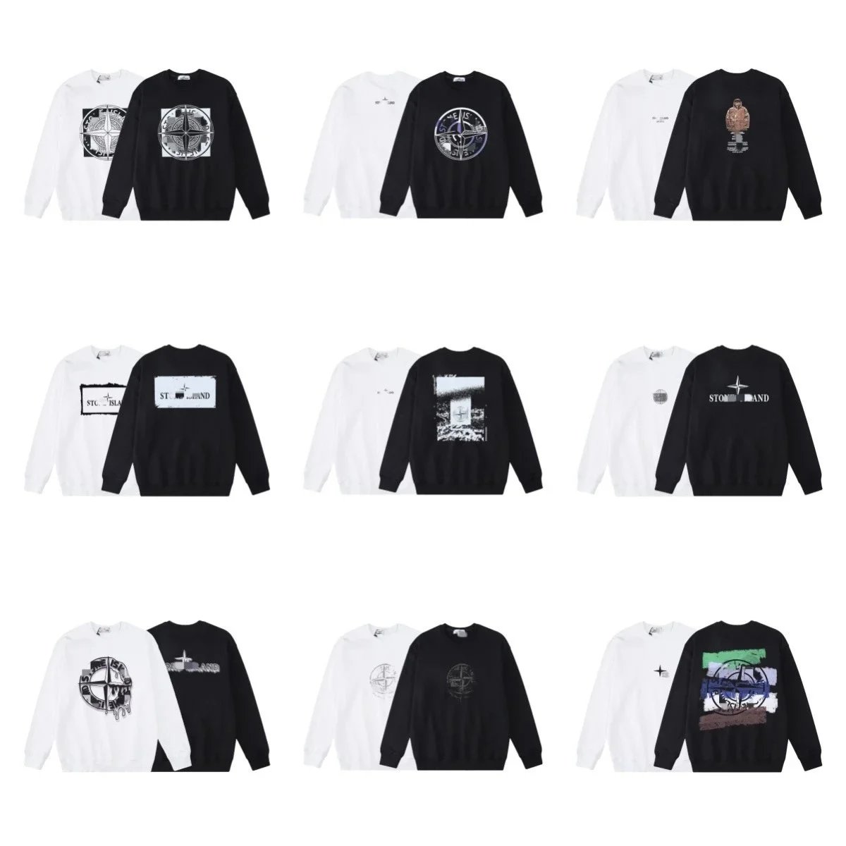 Stone Island Black and White Crewneck Sweatshirts