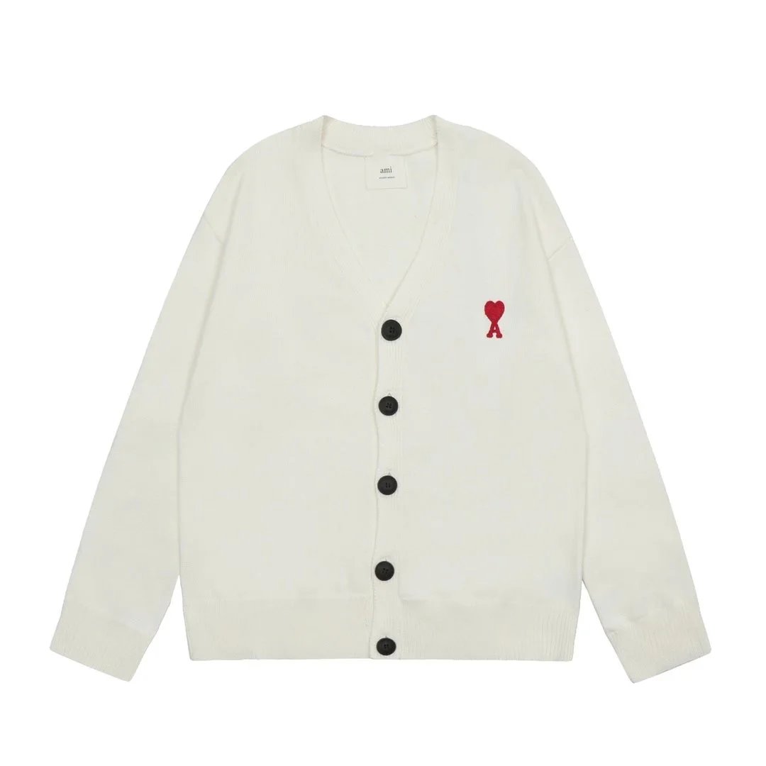 Ami White Cardigan with Red Heart Logo